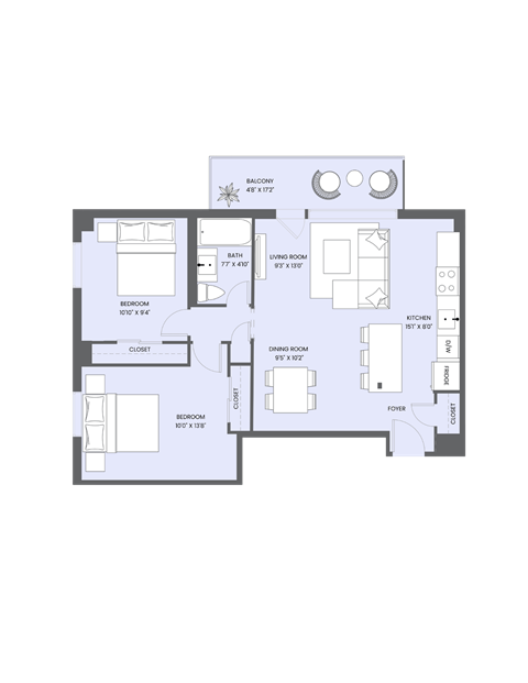 A floor plan of a house with a garage, two bedrooms, a living room, a kitchen, a dining room, a bathroom, and a closet.